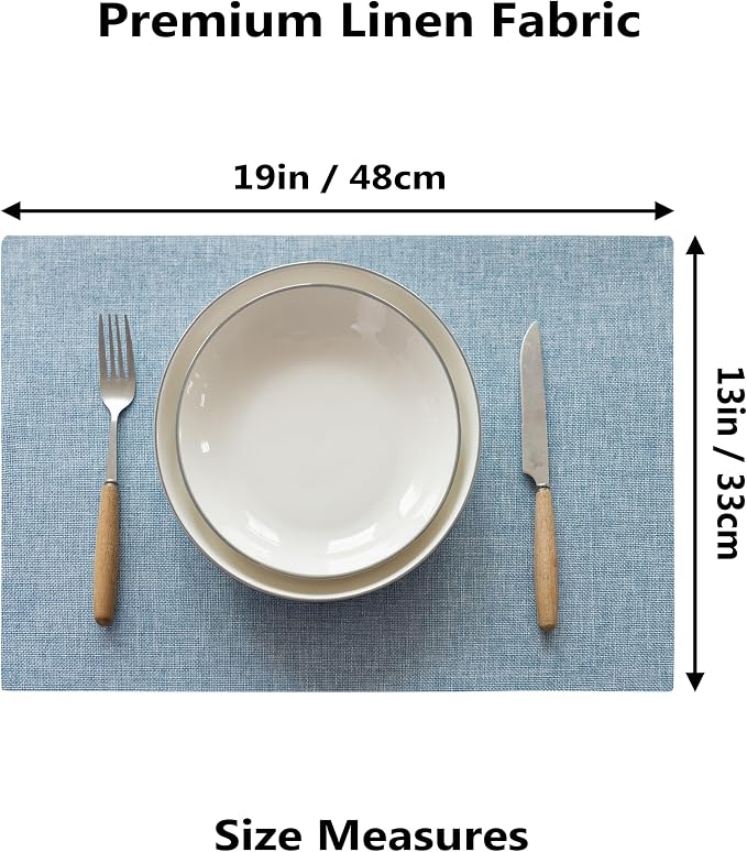 Demetex Placemats Set of 8 Heat Resistant Blue Placemats Soft Washable Linen Place Mats Table Mat for Dinner Gathering Banquet, 13x19 inch, Blue