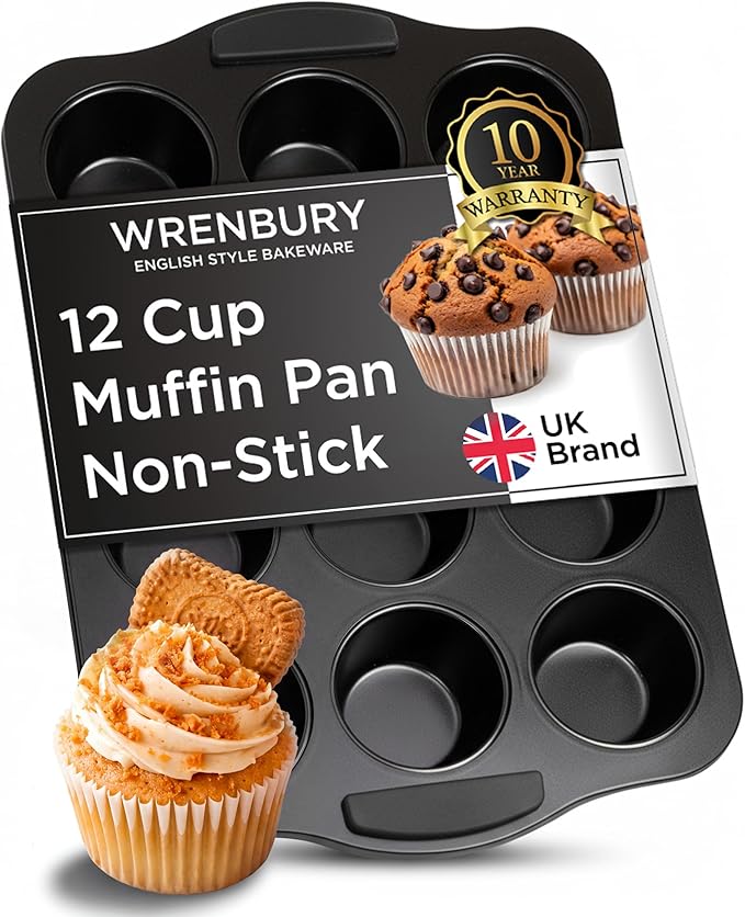 Wrenbury Muffin Pan 12 Cup Non-Stick – Deep Yorkshire Pudding Tin | PTFE & PFOA Free Carbon Steel, Warp Resistant Baking Tray for Evenly Baked Cupcakes