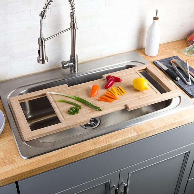Classic Cuisine Over the Sink Cutting Board with Juice Groove, 33.5” x 11” | Expandable Bamboo Wood Chopping Board with Slip-Resistant Grips, Kitchen Essentials for Cutting, Chopping, and Slicing