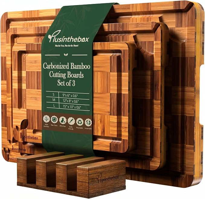 Cutting Boards for Kitchen, Bamboo Cutting Board Set of 3 with Storage Stand, Deep Carbonized Chopping Boards with Juice Grooves and Side Handles for Meat, Vegetables, Fruit and Meal Prep