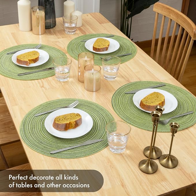 Winknowl Round Braided Placemats Set of 8 Washable Woven Heat Resistant Table Mats for Kitchen Dining Tables 15 inch Round Place Mats (Pea Green,8)