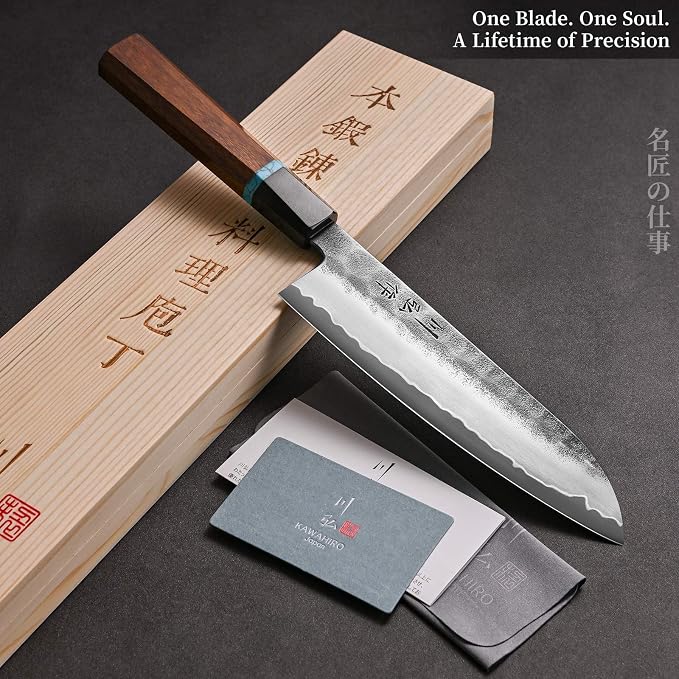 7 Inch Japanese Santoku Knife, Hand Forged VG10 Chef Knife | 3-Layer Steel, Ultra Sharp Lightweight for Effortless Meat & Vegetable Prep, Octagonal Handle, Kurouchi Finish, Wood Gift Box