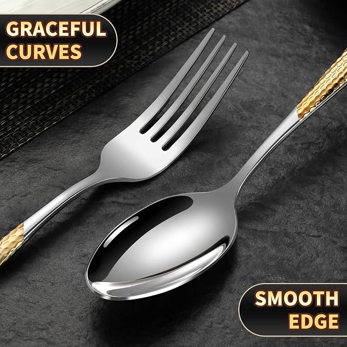 20-Piece Hammered Silver Gold Silverware Set for 4,18/10 Stainless Steel Flatware Set with Serrated Forged Knives,Heavy Duty Cutlery Set for Home & Party,Mirror Polished, Dishwasher Safe
