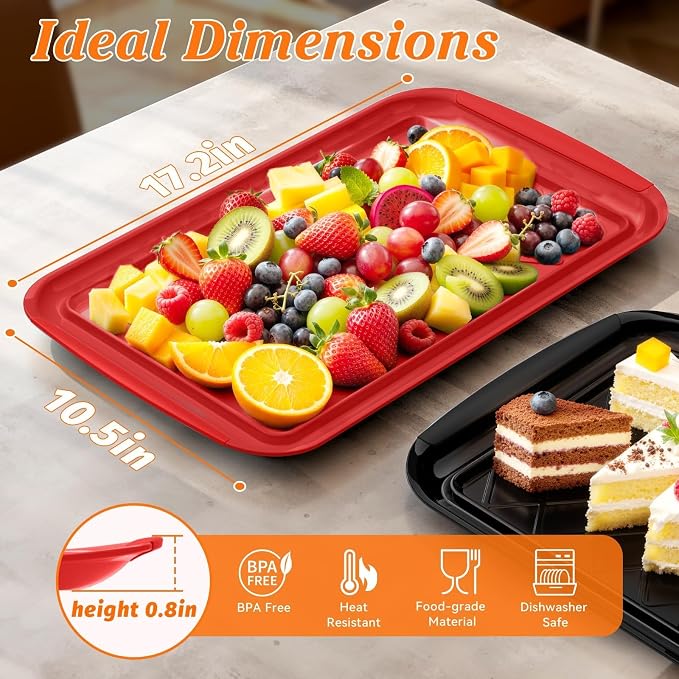 Grilling Prep & Serve Trays for Party Set of 6, Large BBQ Serving Platters | Dishwasher Safe Plastic Trays for Raw and Cooked Food 17"×10.5" Stackable Party Supplies for Grilling, Meal Prep, Red/Black