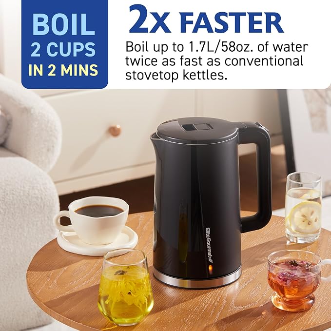 Elite Gourmet 1.7L Cool-Touch 1500W Fast Boil Kettle, Double Wall, Black | Fully Stainless Steel Lid & Interior, BPA-Free, Auto Shut-Off
