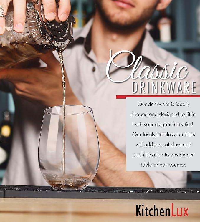 Kitchen Lux Stemless Wine Glasses Set of 6, 18oz Wine Glass – Stemless Wine Glass & Cocktail Tumbler Set – Premium Glass Drinking Cups in Bulk– Deluxe Gift Pack Short Wine Glasses, Dishwasher Safe