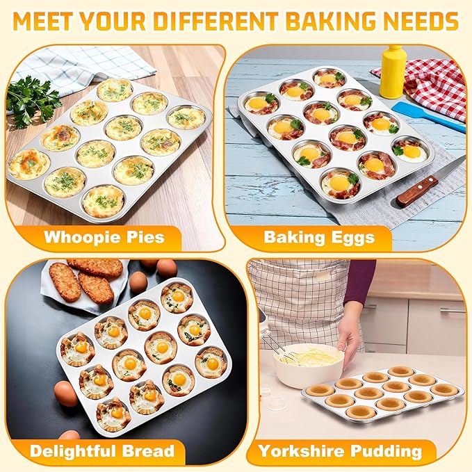 P&P CHEF 12-Cup Muffin Top Pan, Cupcake Pan with Shallow Side, 2PC & Silver | Stainless Steel Muffin Pan Cupcake Tin for Whoopie, Yorkshire Pudding, Egg Bite, Cupcake, Non-toxic & Easy Clean