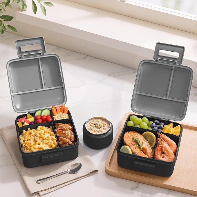 MAISON HUIS Bento Lunch Box with 8oz Soup Thermo, 5-Compartment Leak-Proof Container, Thermo Hot Food Jar and Insulated Lunch Bag, BPA Free,Travel, School (Gray)