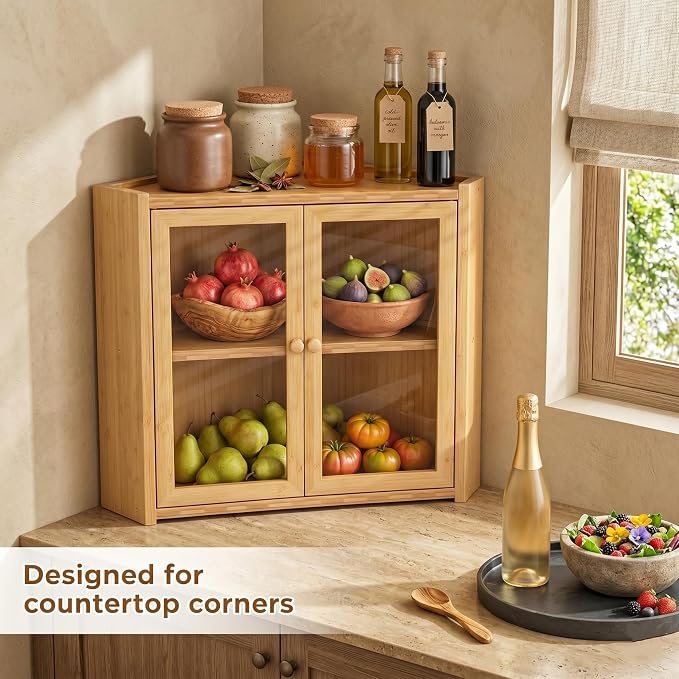 Corner Bread Box for Kitchen Countertop, Double Layer Bamboo Bread Bin with Clear Windows and Double Doors, Wooden Bread Storage Container for Bread, Snacks, Natural