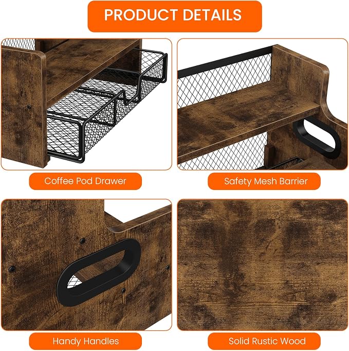 Coffee Syrup Rack Organizer, 3-Tier 8 Bottles Syrup Holder Stand with 35 K Cup Storage Basket Drawer for Coffee Bar, Wood Liquor Shelf Wine Rack Countertop for Home, Rustic Brown