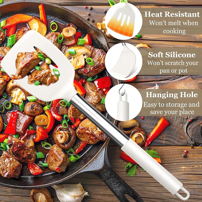TeamFar Kitchen Utensils Set of 8, Silicone Utensils Kitchen Tools-White | Stainless Steel Handle, for Nonstick Cookware Cooking Stirring Turning, Food Grade & Heat Resistant, Dishwasher Safe - White