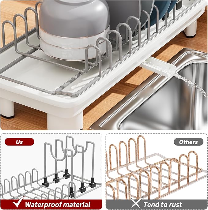 Small Dish Drying Rack, Stainless Steel with Drain Board & Utensil Holder | Anti-Scratch Base, Space Saving Design for Kitchen Counter, White
