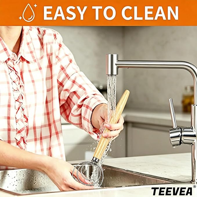 TEEVEA Danish Dough Whisk Wooden Handle Stainless Steel for Sourdough Bread | Dutch Dough Hook, Replaces Hand Mixer and Spoon, Bread Baking Tool, Food Grade Rust Resistant Steel, Non-Stick, Easy to Clean