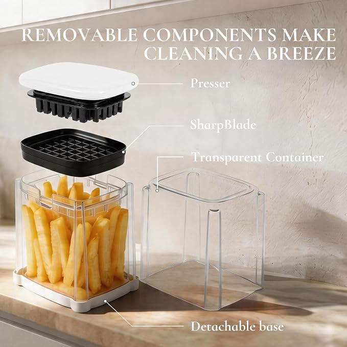 2-in-1 French Fry Cutter Potato Slicer with Container Manual Vegetable Chopper with 2 Blades Potato Cutter for Fries Apple Slicer
