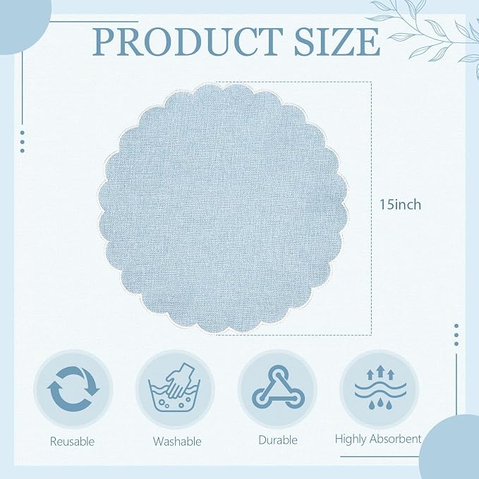 Set of 12 Gray Blue Cotton Placemats 15" Round Scalloped White | Double Layered Cotton Fabric, Washable Embroidery, White Edge Edge, Rustic Table Mats for Wedding Dining Table Decor