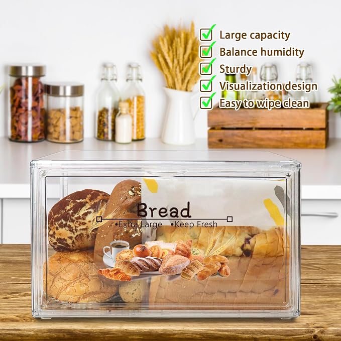 RISICULIS 2PCS Large Bread Box for Countertop, Stackable Double Layer Storage Container, Clear Boxes for Kitchen Counter, Bread Keeper for Homemade Bagel, Muffins, Rolls | Large Capacity Stackable Double Layer, Clear Boxes for Kitchen Counter, Bread Ke...