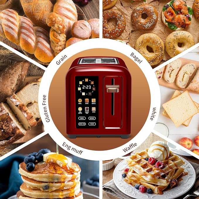 SEEDEEM Touchscreen Toaster 2 Slice, 7 Shade, Stainless, 1350W Dark Cherry