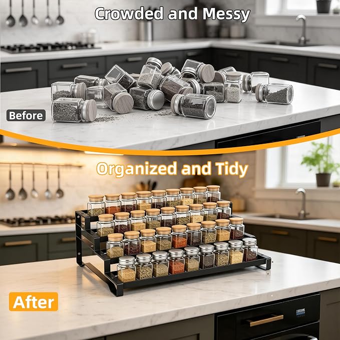 Spice Rack Organizer for Cabinet, 13-21.5" Expandable Spicy Shelf | 11.6" Depth 4-Tier Black Metal Seasoning Organizer, Kitchen Spice Organization, Slip-Resistant Guardrails for Jars and Cans