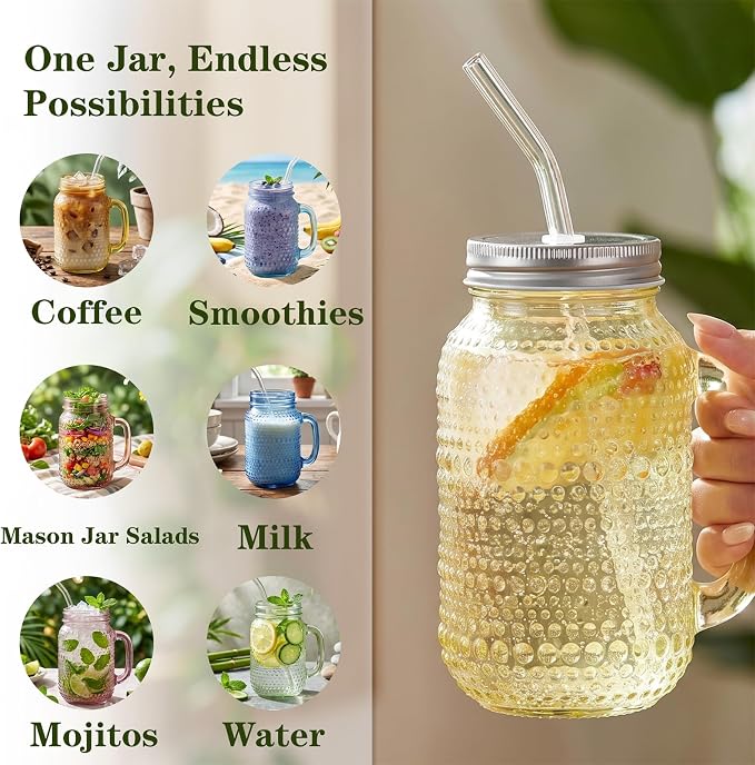 DaYammi 6 Pack 24oz Hobnail Mason Jars Cups Drinking Glass Cups with Lids & Straws, Colorful Wide Mouth Mason Jars Cups with Handle, Tumblers for Coffee Smoothies, Iced Tea, Juice, Beer, Cocktail