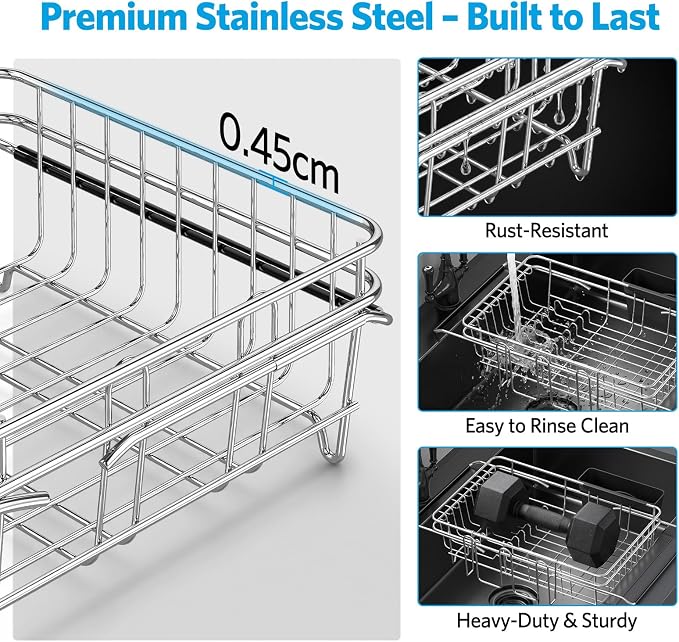 Delamu Over The Sink Dish Drying Rack for Small Kitchen | Expandable Stainless Steel in Sink Dish Drainer, Dish Rack for Kitchen Inside Sink with Utensil Holder, Rustproof, Large