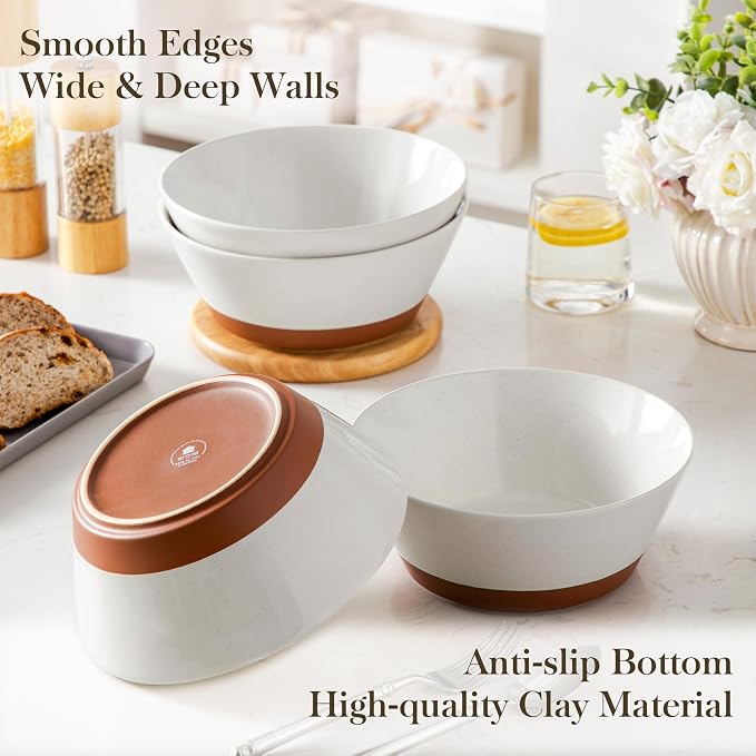 MALACASA Salad Bowls Set of 4, Soup Bowls for Kitchen, 60oz Ceramic Bowl | Large Deep Bowls for Ramen, Cereal, Fruit, Pho and Pasta, Microwave & Dishwasher Safe, Speckled, White & Brown, Series TARA