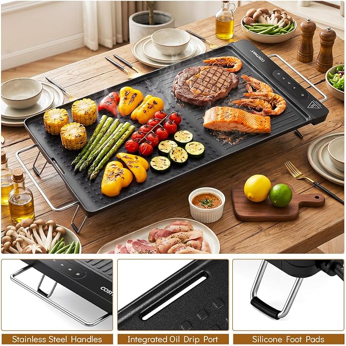 COSTWAY Electric Grill w/Removable Touch Panel, 1300W Indoor Griddle w/Adjustable Temperature, Fast Even Heating, Cool-Touch Handles & Foldable Legs, Dishwasher Safe IPX9 Waterproof Nonstick Plate