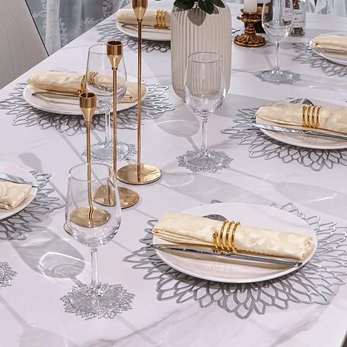 Snowkingdom 18 Pack Silver Placemats Metallic Glitter Vinyl Dinning Table Mats, Decorative Round Leaf Charger Bulk for Winter Thanksgiving Christmas Party Holiday Festive