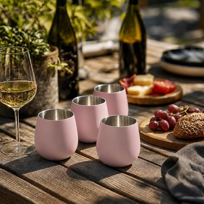 K&K Home Stainless Steel Unbreakable Stemless Wine Glasses - 15 oz - Set of 4 Colored, Stemless Metal Wine Glasses Perfect for Outdoors, Weddings, and Parties (Pink)