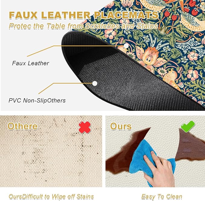 William Morris Strawberry Thief Placemats - Placemats set of 4 Faux Leather Heat Resistant for Dinner Table, Non-Slip Waterproof Oil-Proof Washable Reusable Placemat for Indoor Outdoor Kitchen