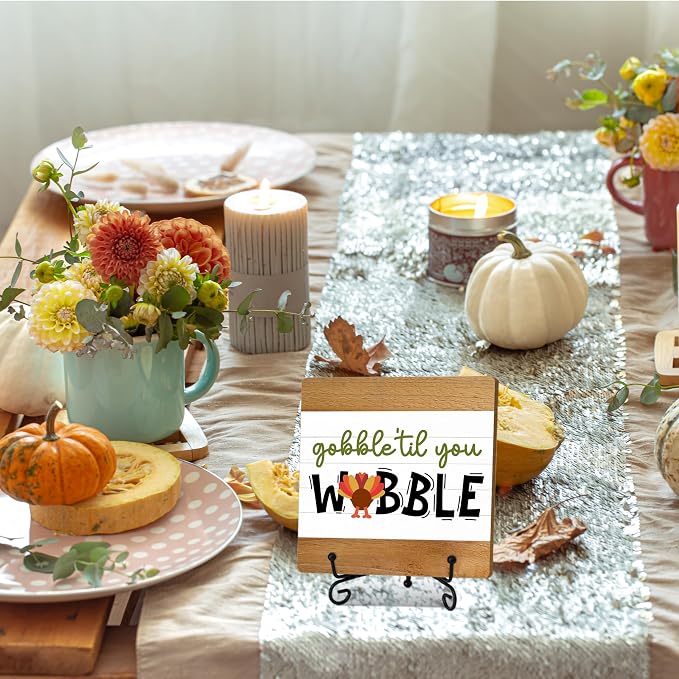 Fall Home Decor Indoor, Gobble Til You Wobble Thanksgiving Table Decor | 5"x5" Wood Plaque Gifts with Stand for Farmhouse Living Room Bathroom Kitchen Decoration - A08
