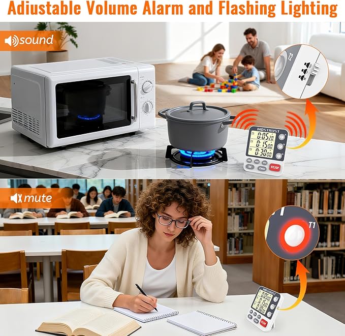 Digital Dual Kitchen Timer, Multiple Channels Countdown Timer | 3-Groups Triple Timer with Magnet-Back Memory-Preset Large Display Adjustable Volume, 3A Battery Included, Ideal for Cooking