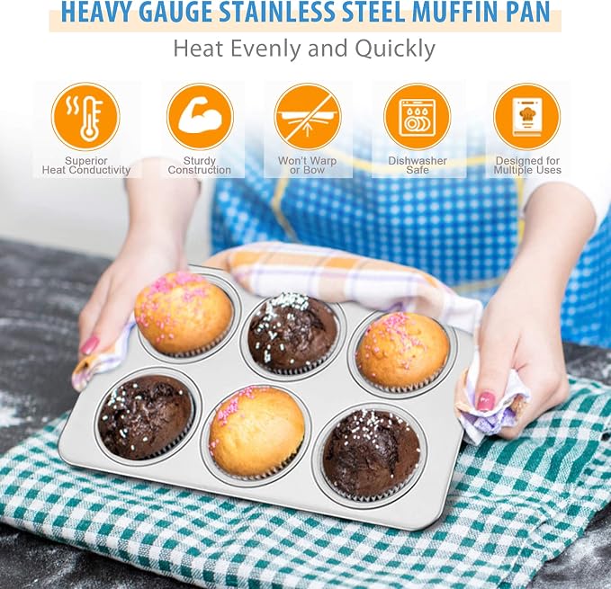 E-far Stainless Steel Muffin Pan Set of 2, 6-Cup Cupcake Tin for Baking | Metal Muffin Tray, Non-toxic & Healthy, Oven & Dishwasher Safe, Regular Size - 11.44 x 7.12 x 1.25 Inch