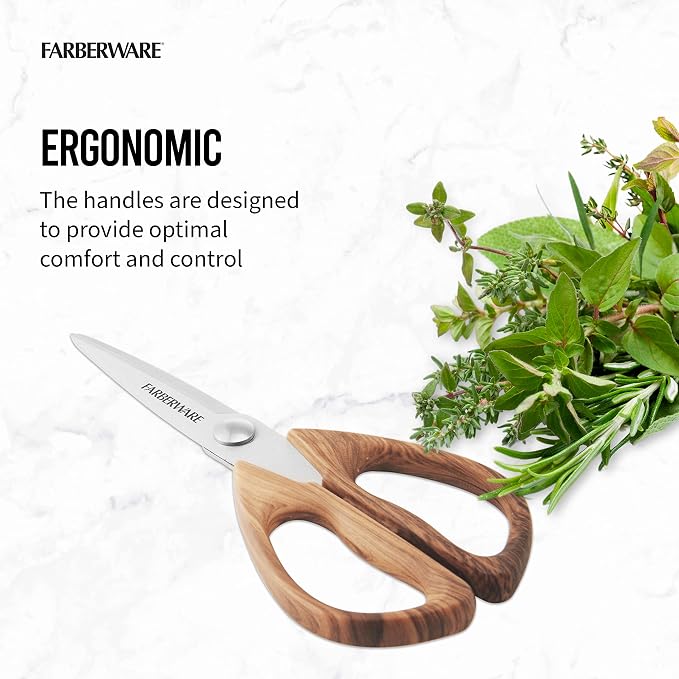 Farberware All-Purpose Kitchen Shears with Faux Wood-Grain Finish Handles, Stainless Steel Blades, Multipurpose Scissors for Meat, Herbs, and More
