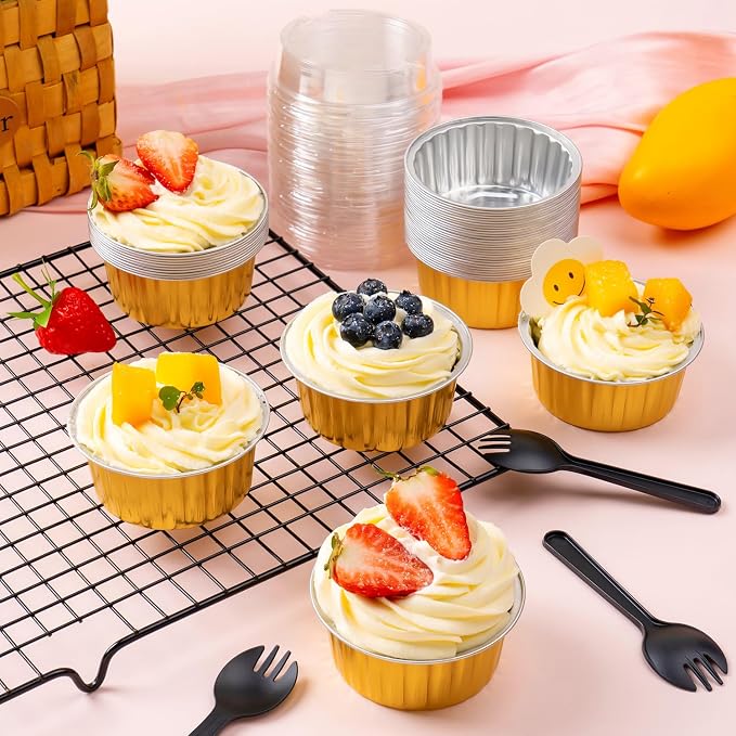 60Pcs Mini Aluminum Foil Baking Loaf Pans with Lids and Spoons | Round Mini Cake Pan, Brownie Baking Cups for Picnics Party (Gold)