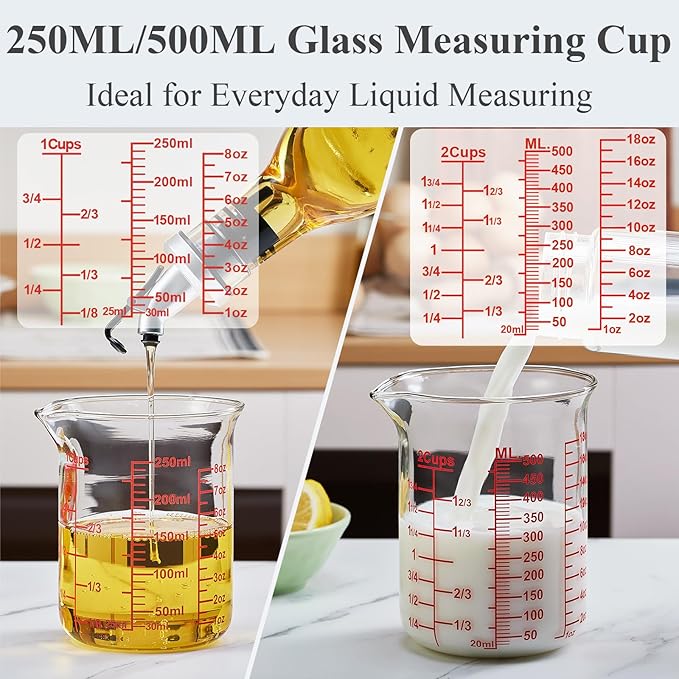 Ackers High Borosilicate Glass Measuring Cup Set with Pour Spout,60ml(2OZ),120ml(4OZ), 250ml(8OZ), 500ml(16OZ), 1000ml(32OZ) Glass Measuring Beaker for Kitchen or Restaurant, Easy to Read