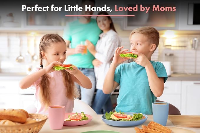 FOODLE Wheat Straw Dinnerware Set - Non-Toxic Kids Plates and Bowls Sets | BPA-Free & Safety Tested - Dishwasher & Microwave Safe - Easy to Clean - Children, Camping, College Dorm Dishes - For 4
