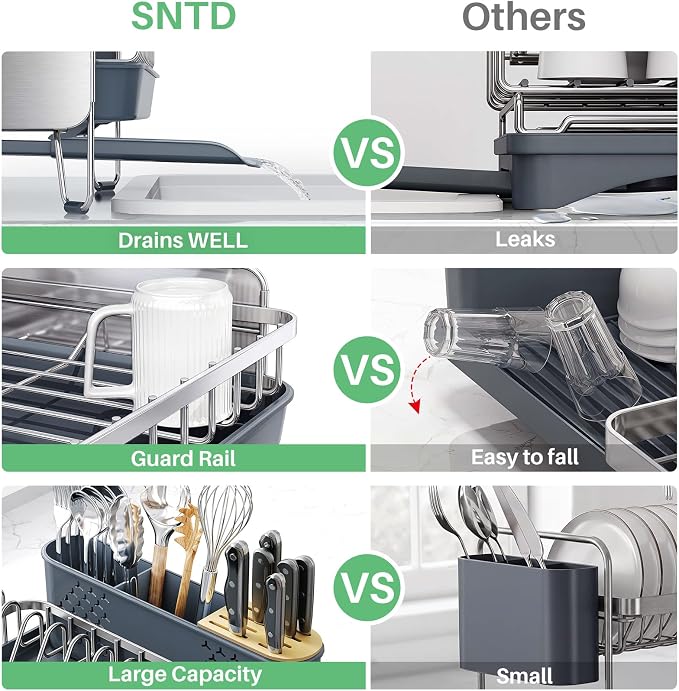 Stainless Steel Dish Drying Rack for Kitchen Counter, Expandable, Silver | Stainless Steel Dish Drainer, Adjustable Length 18.9''-29.3'', Automatic Drainage, 360° Spout, Cutlery Holder with Knife Slot