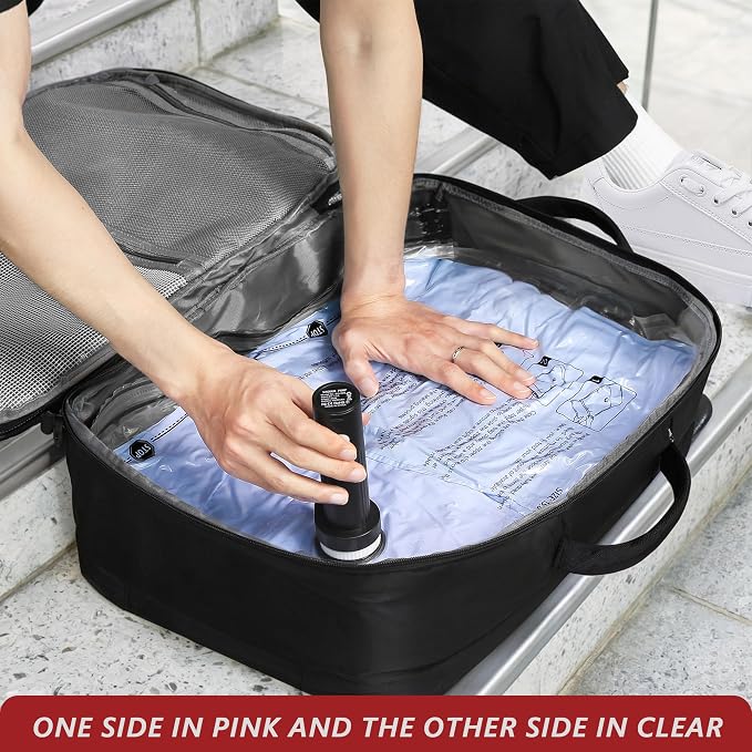 Travel Vacuum Bags for Clothing with Rechargeable Pump 24 Combo, Pink | Compression Packing Cubes Organizer Storage for Luggage Suitcase, Space Saver Seal Bags for Vacation Cruise