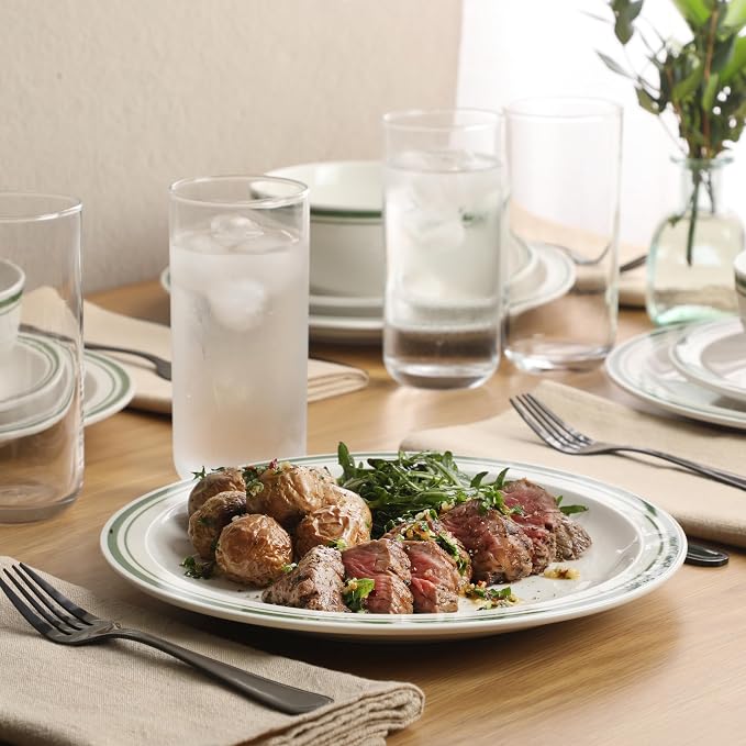 Gibson Home Hometown Diner 12-Piece Porcelain Dinnerware Set, Round Plates and Bowls Set for 4, White with Green Rim, Dishwasher Safe – Dinner Plate, Salad Plate & Cereal Bowl