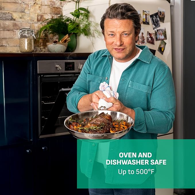 T-Fal Jamie Oliver Cooks Smart Stainless Steel Frying Pan, 11 in Skillet | Induction compatible, Oven safe to 500°F, Stainless steel interior, Dishwasher safe, Cast stainless steel handles