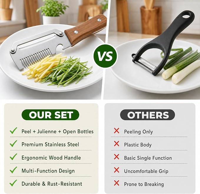 Upgrade Vegetable Peeler and Julienne Peeler Set, 2-Pcs Multifunctional Stainless Steel Veggie Peelers for Kitchen with Wood Handles & Built-in Bottle Opener, Sharp Potato, Carrot & Scallion Shredder