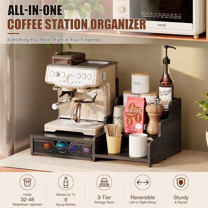 Coffee Station Organizer Compatible with Nespresso Vertuo Pods, Holds 48 Small or 32 Large Pods, 3-Tier Coffee Bar Organizer with K-Cup Holder, Coffee Pod Drawer & Syrup Cups Rack for Accessories