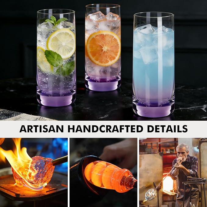 Purple Highball Glasses Set of 6, Drinking Glass for Mixed Drink | 13oz ,Cups for Cocktail, Beer, Mojito, Water and Juice,Thick Tall Glassware for Kitchen, Restaurant, Home Bar and Parties