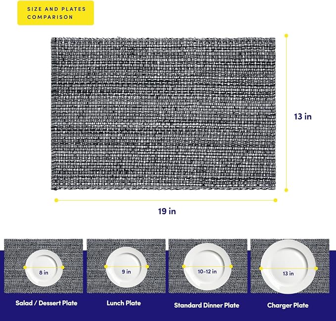 Sweet Home Collection 100% Cotton Placemats for Dining Room Rectangle Two Tone Woven Fabric 13" x 19" Soft Durable Table Mat Set, Set of 6, Black