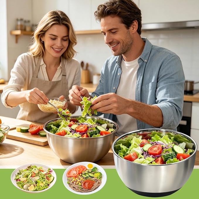 Stainless Steel Salad Spinner Large with 5 Blades Slicer, Vegetable Dryer, Non-Slip Base, Stop Button, Vegetable Fruits Chopper Bowl 5L Capacity with Egg Yolk Strainer