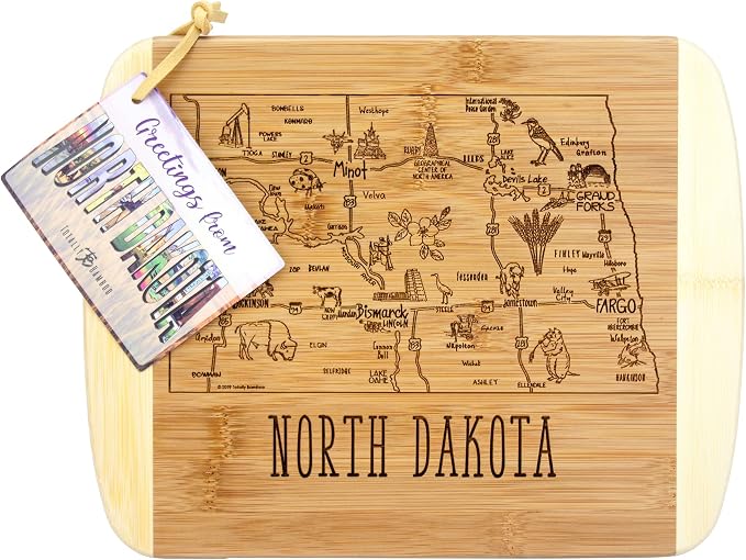 Totally Bamboo A Slice of Life North Dakota Engraved Map Cutting Board | 11” x 8.75” charcuterie board with engraved state map artwork. Smooth reverse side for food prep. Hang tie for wall display.
