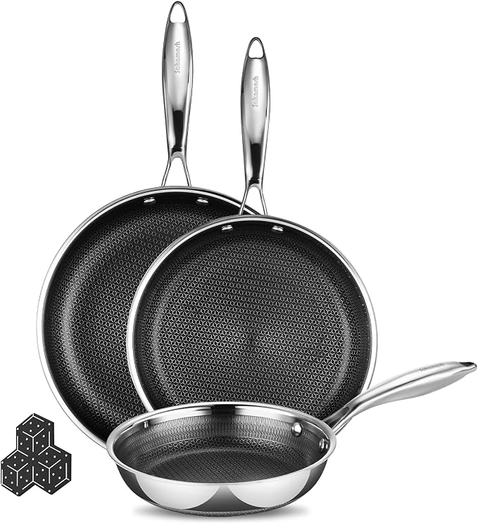 SAKAMOSH 8" 9.5" 11" Hybrid Nonstick Frying Pan Set, Stainless Steel | PFAS/PFOA/PTFE-Free Ceramic Pan, Dishwasher & Oven Safe, Skillet WithStay-Cool Handle, Compatible with All Cooktops