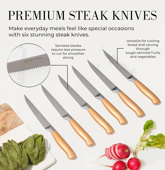 Black and Gold Knife Set for Kitchen with Block – 14-Piece Ultra-Sharp Stainless Steel Knives with Gold Handles and Built-In Sharpener – Stylish Kitchen Accessories for Cooking and Decor | Ultra-Sharp Stainless Steel Knives with Gold Handles & Built-In...