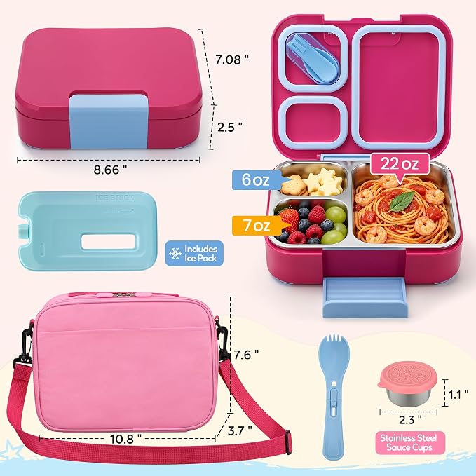 Kids Stainless Steel Bento Lunch Box Adult Girl Food Container Set with Bag | Stainless Steel Bento Lunch Box Kids Container Set Girls Boys Teens with Insulated Lunch Bag and Ice Pack for School Office