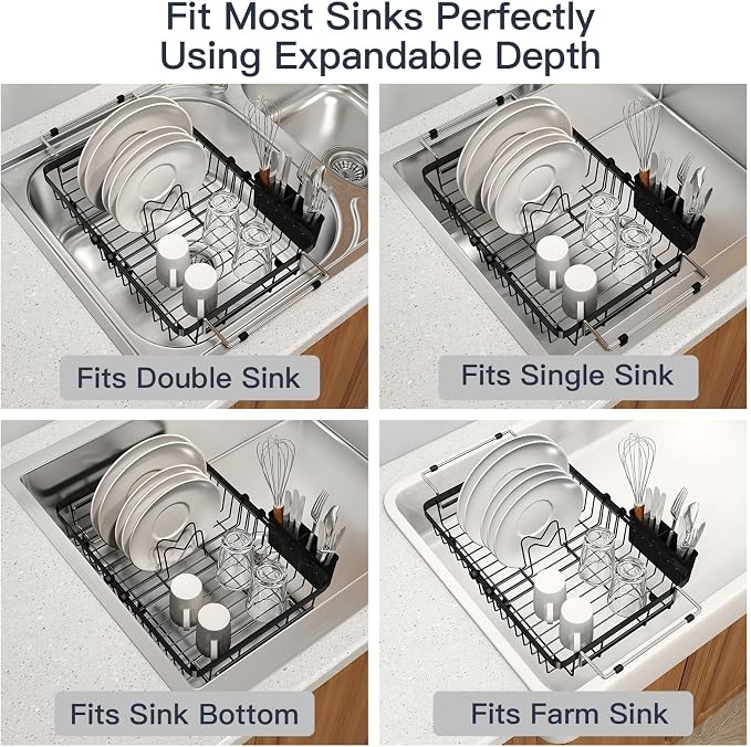 Dish Drying Rack Over The Sink with Utensil Holder, Mat | Expandable Stainless Steel Dish Drainer for Small Kitchen, Apartment, RV, Counter Space Saving, Perfect Fit, Rustproof